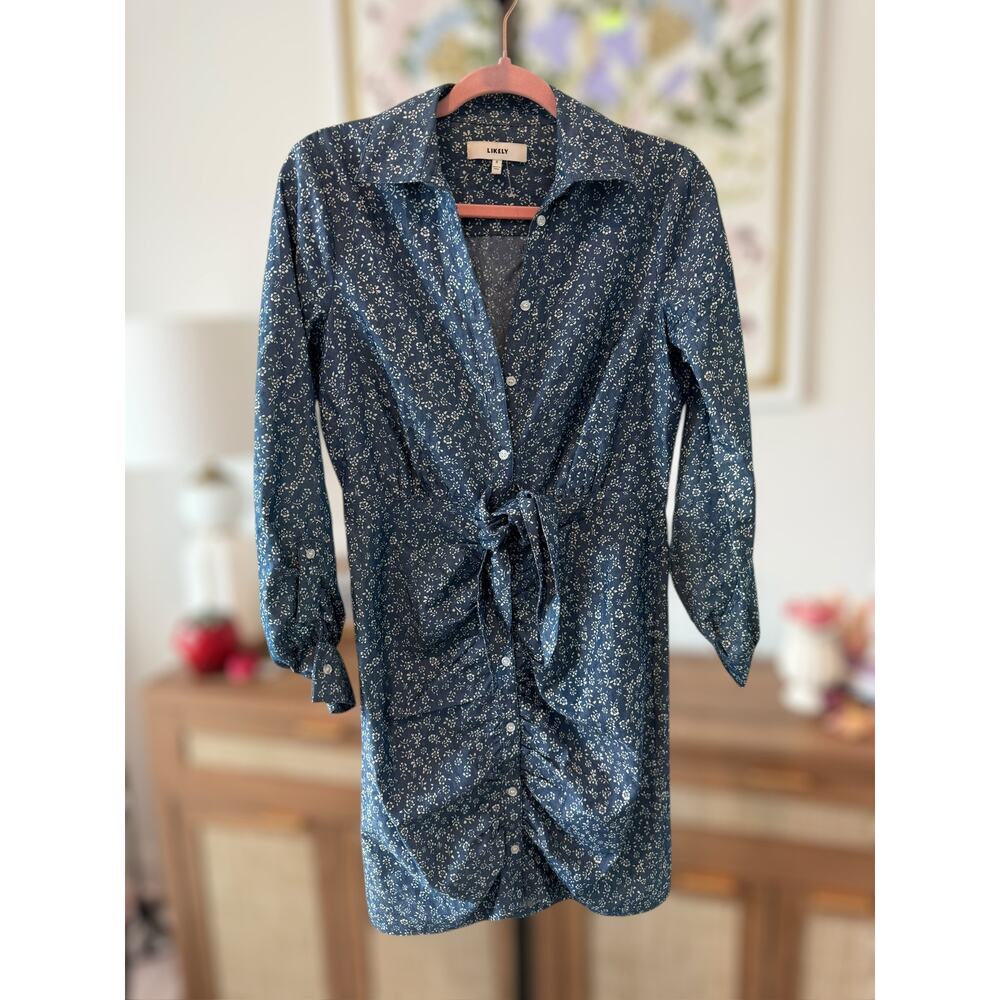 LIKELY Scottie Floral Print 3/4 Sleeve Mini Shirtdress Blue White Women's Size 2